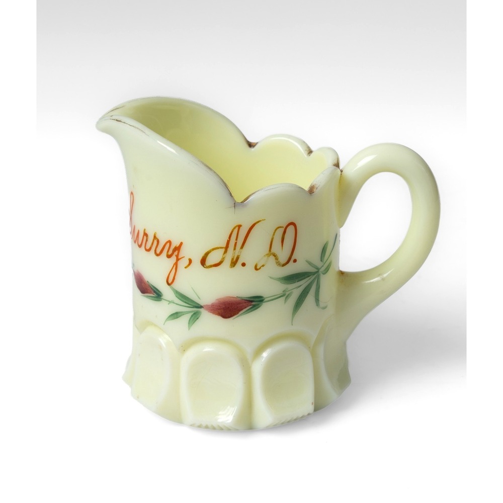 Antique Custard Glass Miniature Pitcher Creamer Souvenir Surrey North Dakota 3"